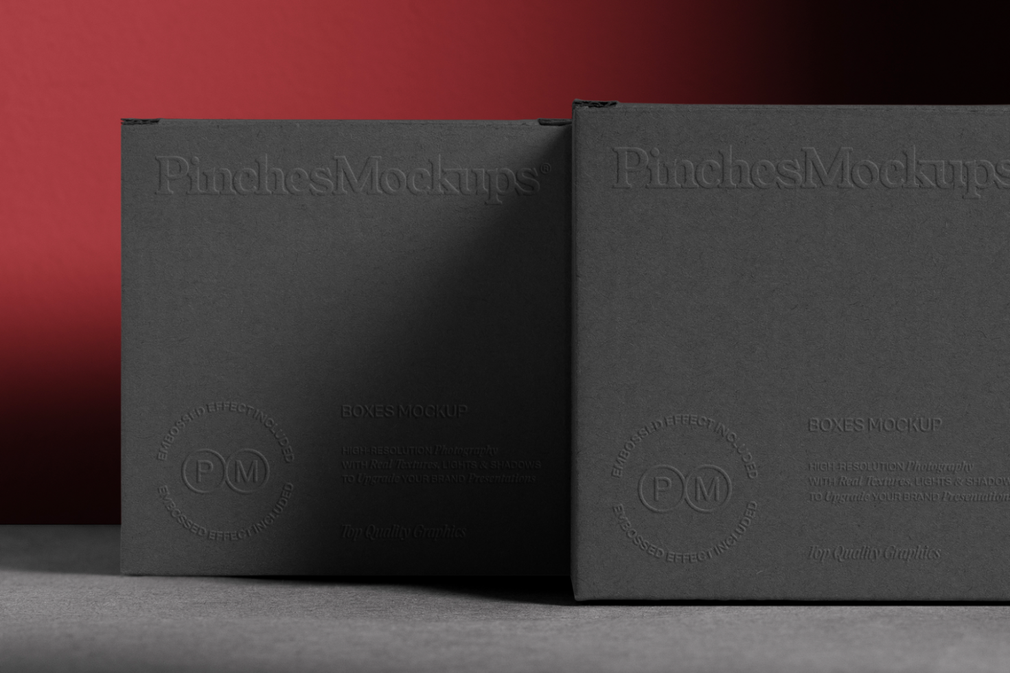 Two premium black package mockups on red background, showing embossed logo, ideal for brand presentation, high-quality design.