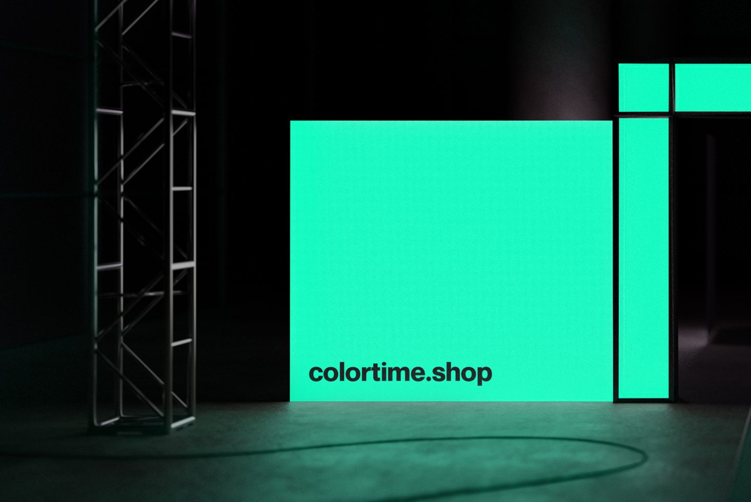 Mockup of neon green signage with dark stage background, spotlight, metal truss, editable text, for presentation design, suitable for designers.