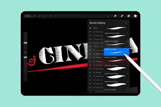 Digital tablet displaying brush options in a graphic design app, stylus selecting tool, design process mockup, designer workspace element.