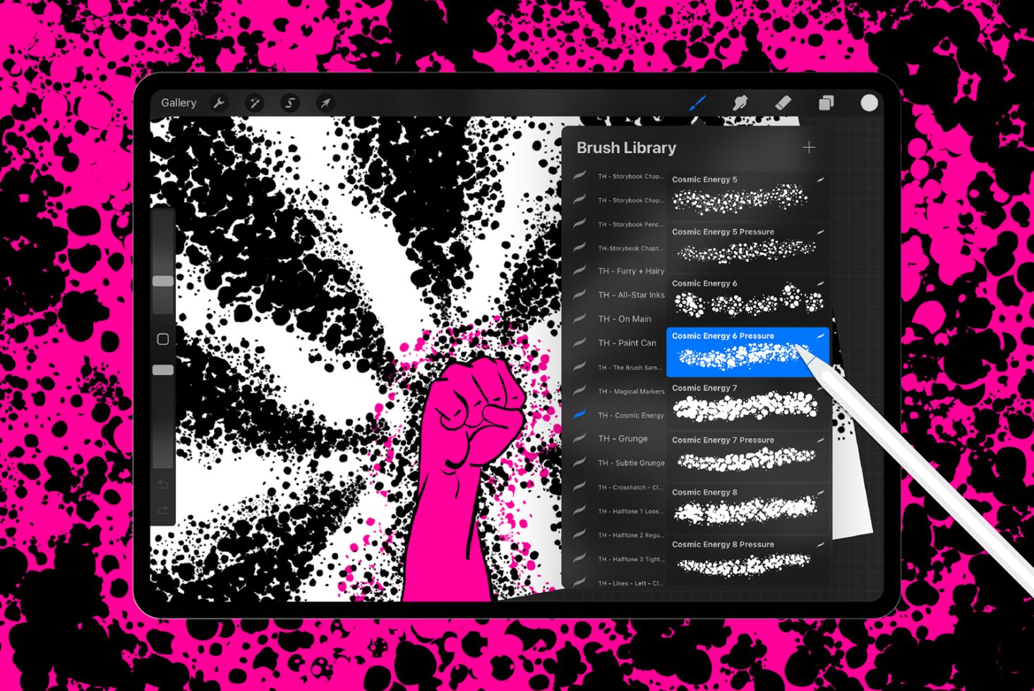 Digital tablet displaying brush library for graphic design with stylist selecting a brush, set against a vibrant splattered background.