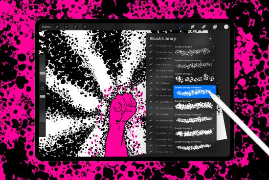 Digital tablet displaying brush library for graphic design with stylist selecting a brush, set against a vibrant splattered background.