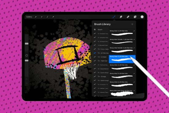 Digital tablet displaying brush options for graphic design with colorful abstract basketball hoop art, showcasing digital art tools, creativity.