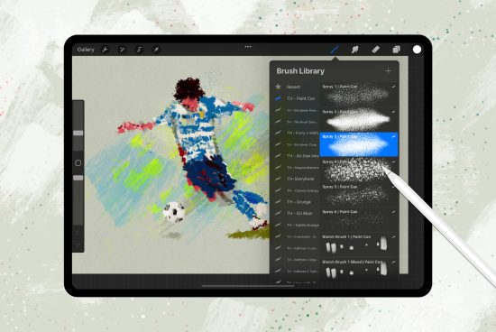 Digital painting of a soccer player on a tablet with stylus, showcasing brush library, ideal for Mockup and Graphics categories in design assets.