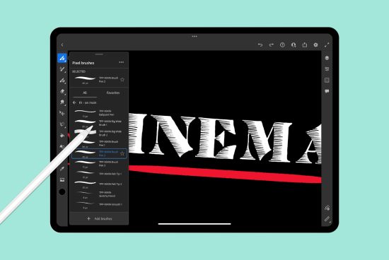 Digital font design on tablet showing CINEMA typography with stylus pen, graphic design application, creative font mockup.