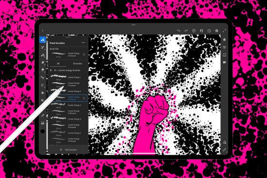 Graphic design mockup featuring a digital tablet with a stylus creating a raised fist design, surrounded by a vibrant pink and black ink splash.