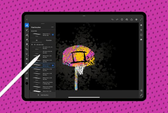 Digital drawing tablet displaying vibrant basketball hoop artwork with stylus, showing pixel brush tools for graphic designers.