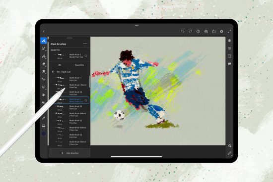 Digital art tablet displaying a soccer player illustration with brush tool options, ideal for graphics category in designer assets.