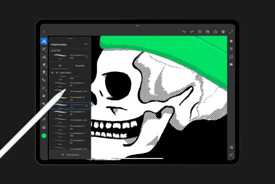 Digital drawing of a skull with green beanie on tablet screen, showcasing brush tool selection and graphic design software.