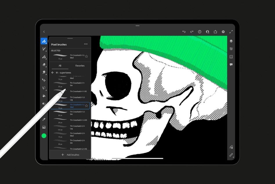 Procreate brush set open showing pixel brushes with skull illustration in progress on tablet screen
