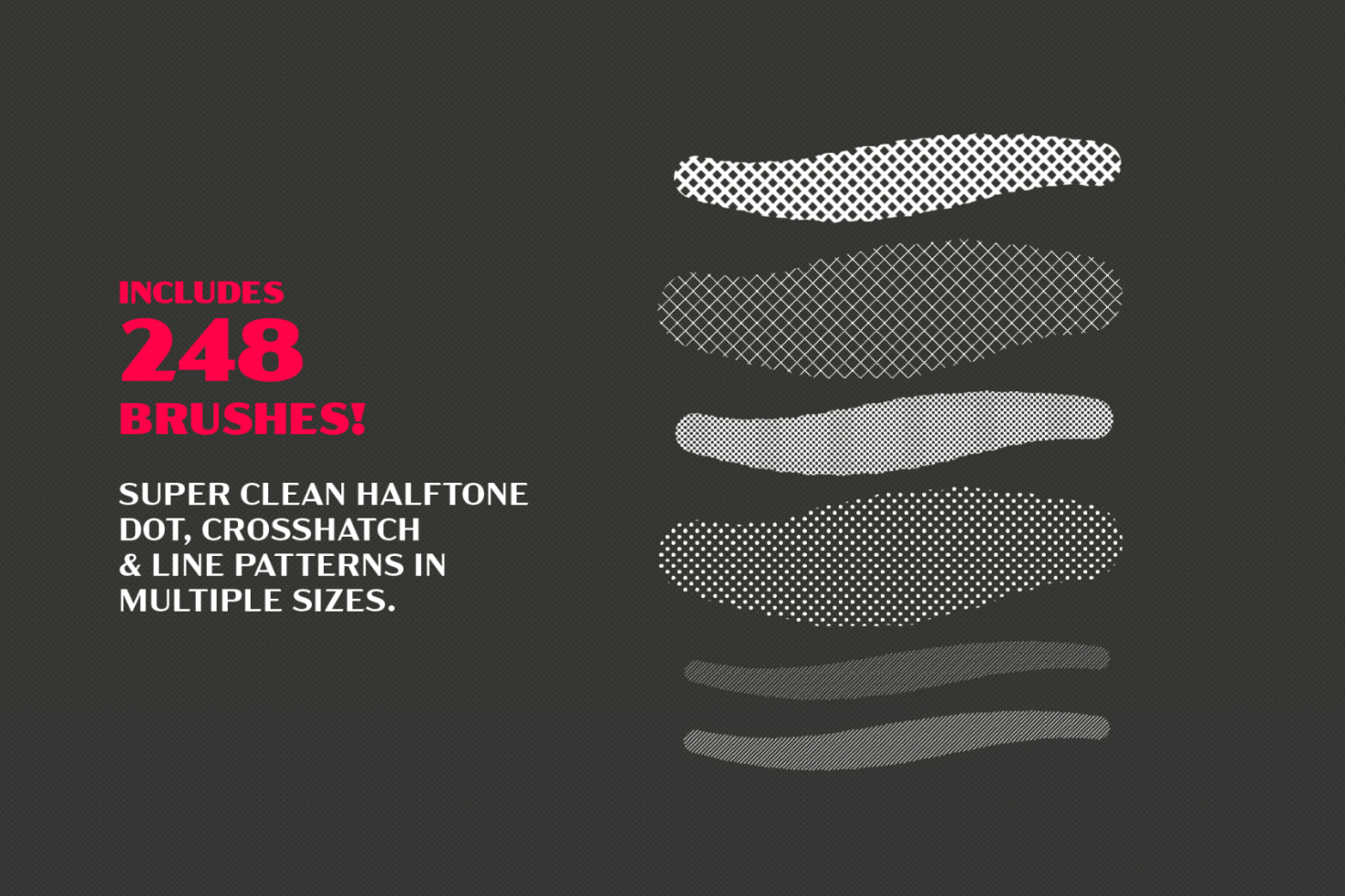 Graphic design halftone brushes pack, 248 versatile patterns for clean dot, crosshatch, line textures in varied sizes, essential for digital design.