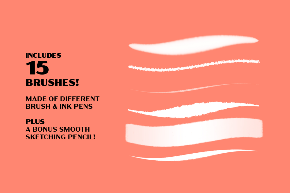 Graphic design brush set advertisement with 15 diverse digital brushes and a bonus sketching pencil on a coral background, for creative professionals.