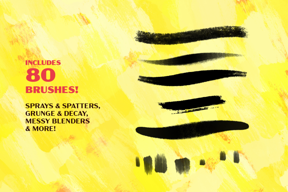 Dynamic brush strokes and textures on a vibrant yellow background, advertising a set of 80 digital brushes for designers, perfect for grunge effects.