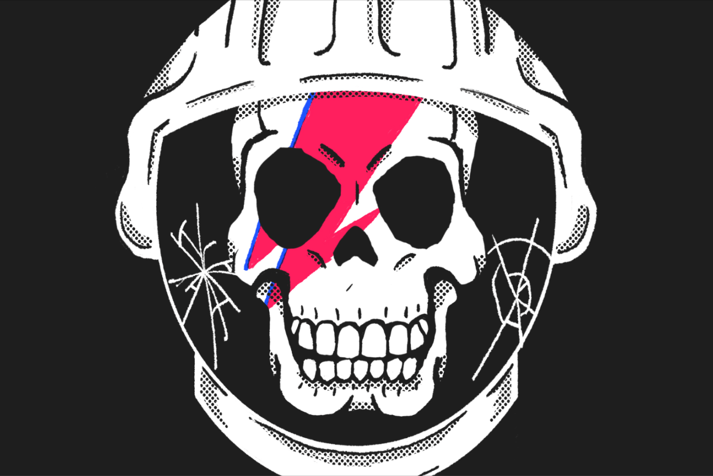 Stylized black and white skull graphic with pink and blue accents suitable for t-shirt designs, edgy posters, and urban style projects. Graphic category.