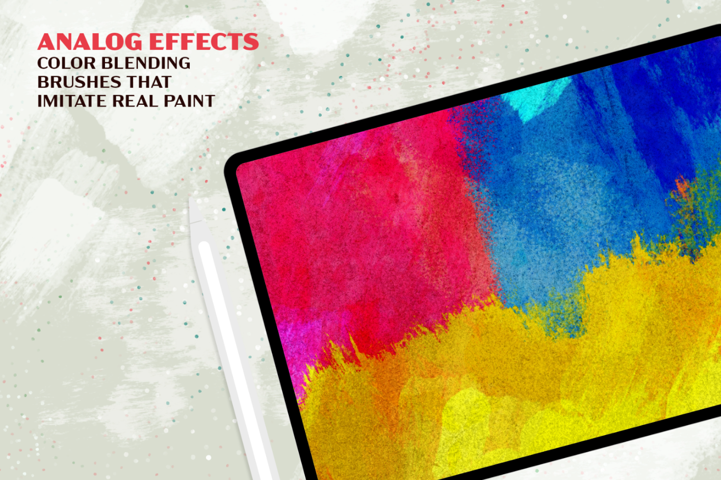 Digital tablet displaying vibrant analog effects with color blending brushes imitating real paint for graphic design assets.