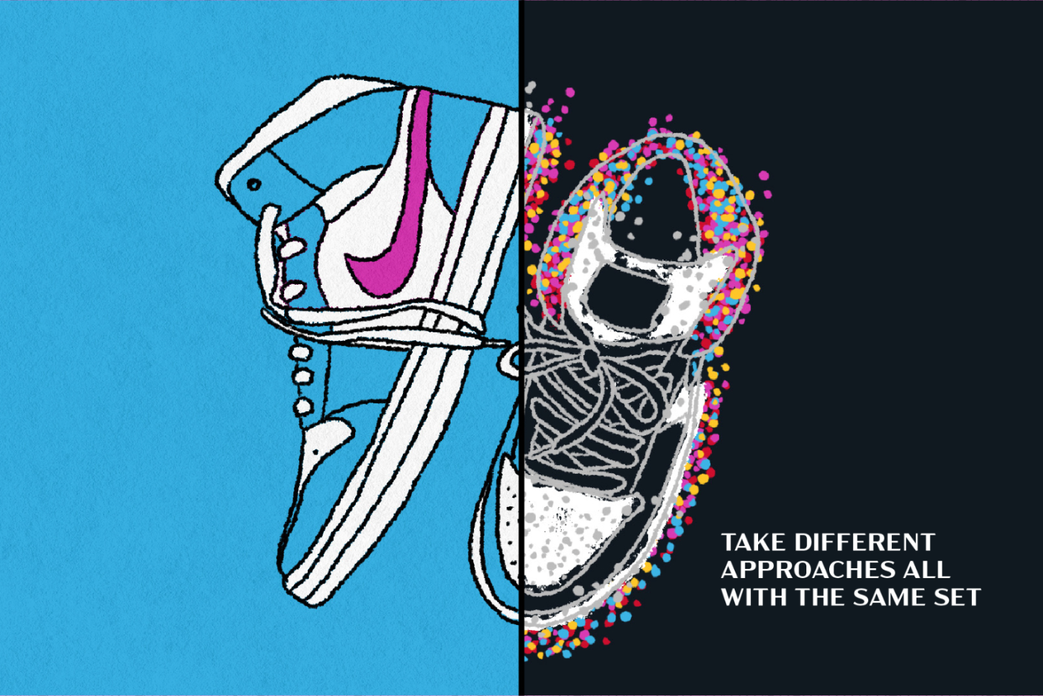 Split artwork of two sneaker halves with colorful design elements, ideal for mockup graphics, shoe design showcase, and creative templates.