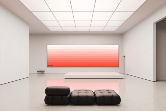 Minimalist gallery interior mockup with black couch, blank wide frame on wall, reflective floor, and glowing ceiling lights for display design.