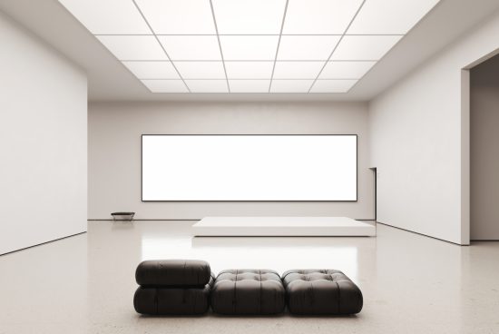 Minimalist gallery room with blank wide billboard, perfect for designers to showcase wall art or advertising mockups.