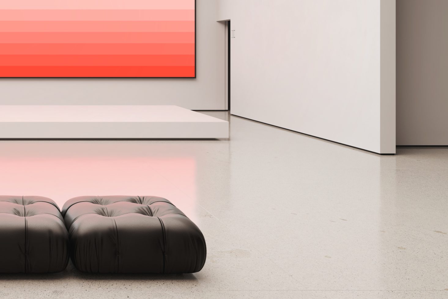 Modern gallery interior mockup with black leather poufs, white stand, ambient lighting, large pink gradient wall art, and polished floor for presentations.