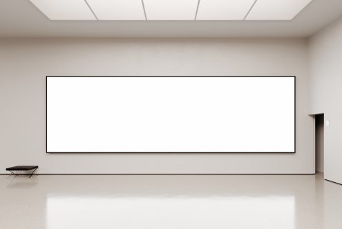 Minimalist gallery mockup with large blank billboard for graphic design or template display, clean white space, modern interior.