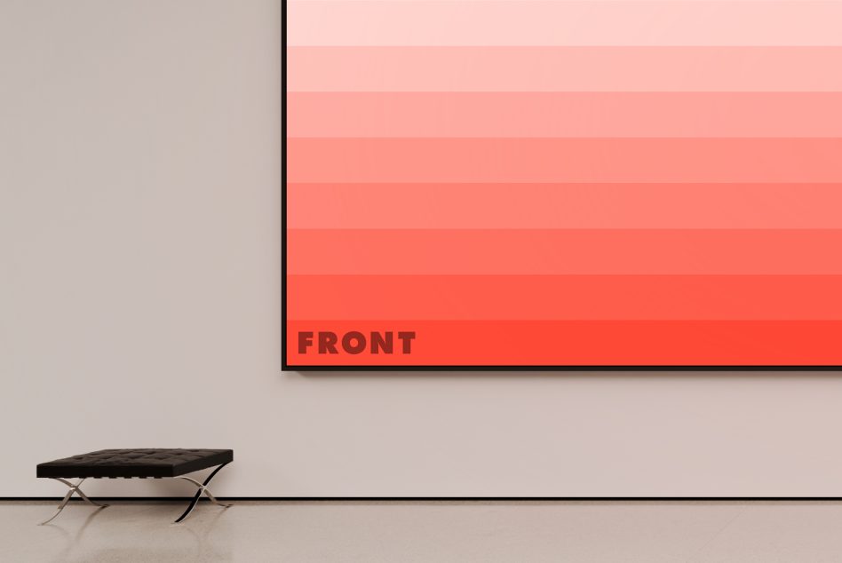 Modern gallery wall with large framed poster mockup in gradient shades of coral, minimalist bench below, ideal for art presentations and designs.