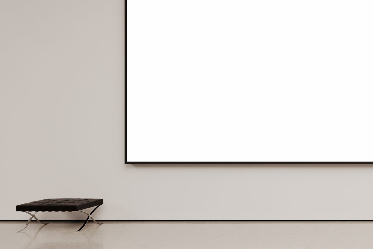 Modern gallery mockup with large blank white frame and elegant bench on a minimalist background for showcasing art and design work.