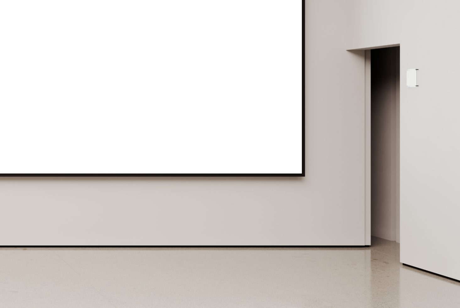 Minimalist gallery room with large blank frame mockup on wall, ideal for artwork presentations and design visuals.