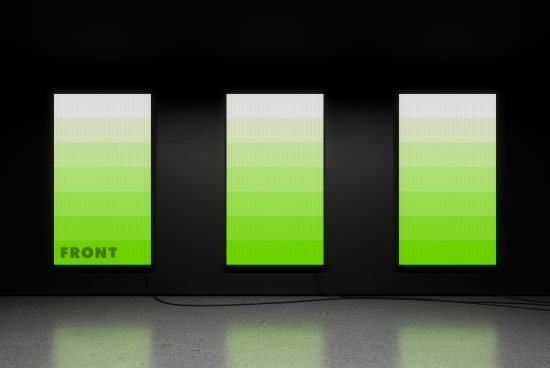 Three vertical billboard mockups in a dark room with vibrant green gradient designs ideal for poster presentations and graphic display.