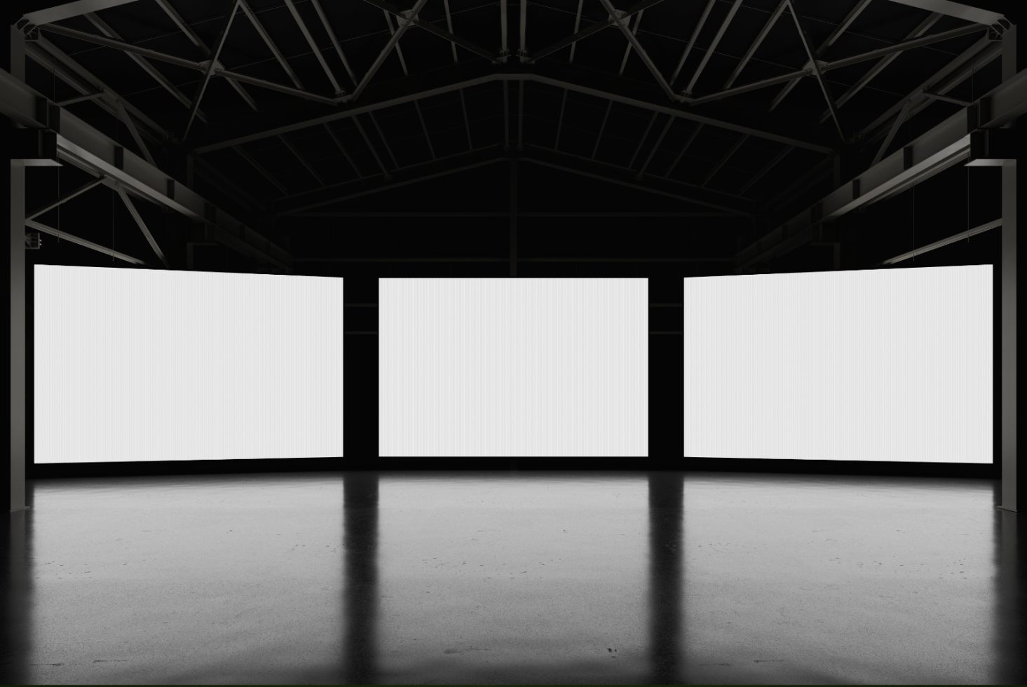 Empty billboard mockups in a dark industrial hall, ideal for ad display design presentations, suitable for graphic designers.