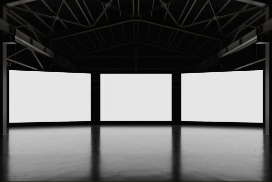 Empty billboard mockups in a dark industrial hall, ideal for ad display design presentations, suitable for graphic designers.