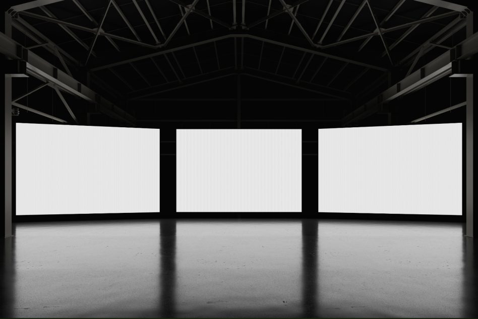 Empty billboard mockups in a dark industrial hall, ideal for ad display design presentations, suitable for graphic designers.