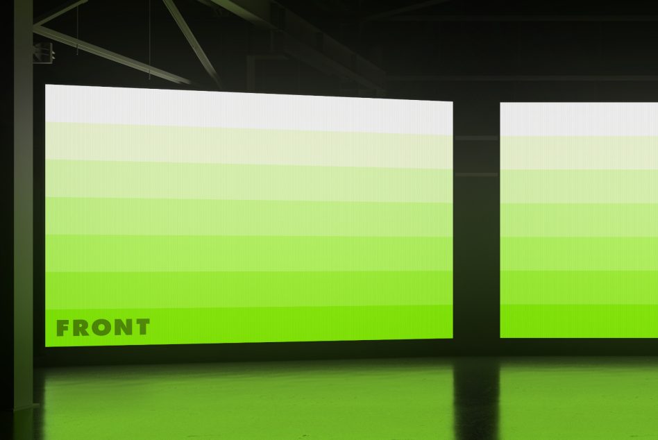 Bright green gradient billboard mockup in an industrial setting for outdoor advertising design presentation. Ideal for designers to showcase work.