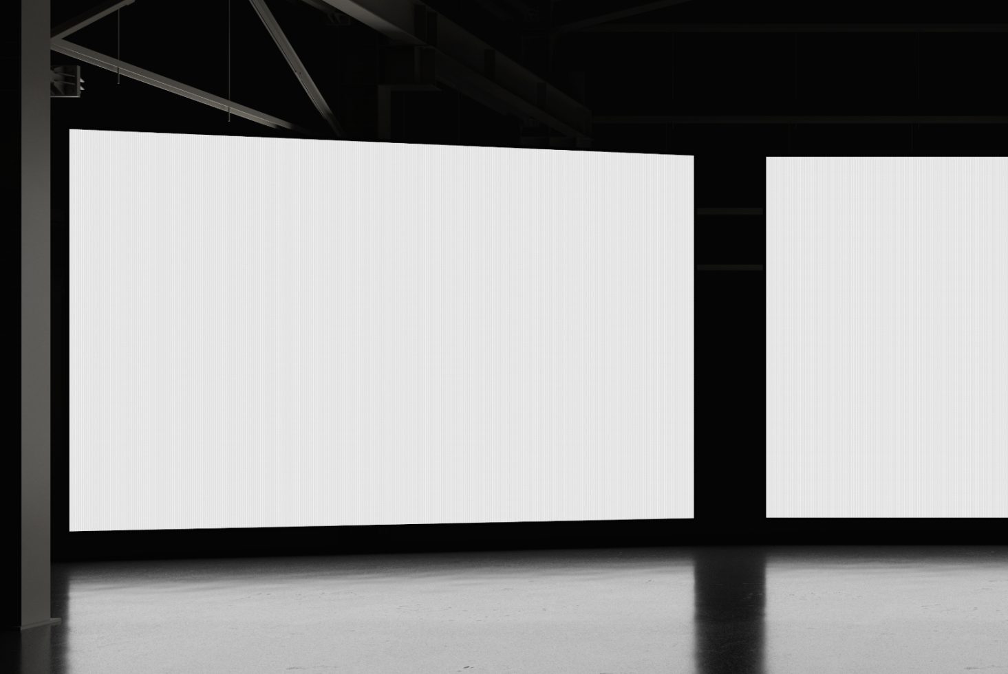 Empty large billboard mockups in a gallery setting, ideal for showcasing advertising designs, graphics portfolio, and poster templates.