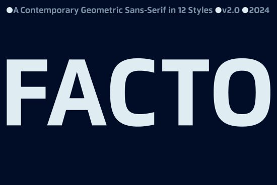 Alt: Preview of FACTO font, a contemporary geometric sans-serif design in version 2.0 displayed in 12 styles, ideal for designer typography projects.