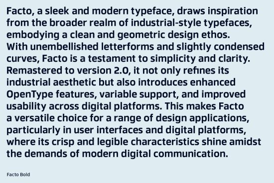 Modern Facto Bold font showcasing clean, geometric design for user interfaces and digital communication, ideal for designers' typography needs.
