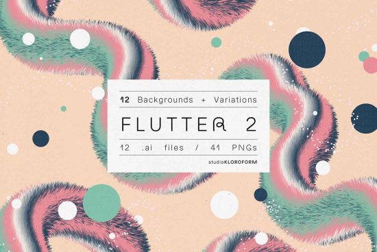 Abstract art background pack Flutter 2 with 12 AI files and 41 PNGs by studioKLOROFORM, featuring vibrant swirls and textured dots.