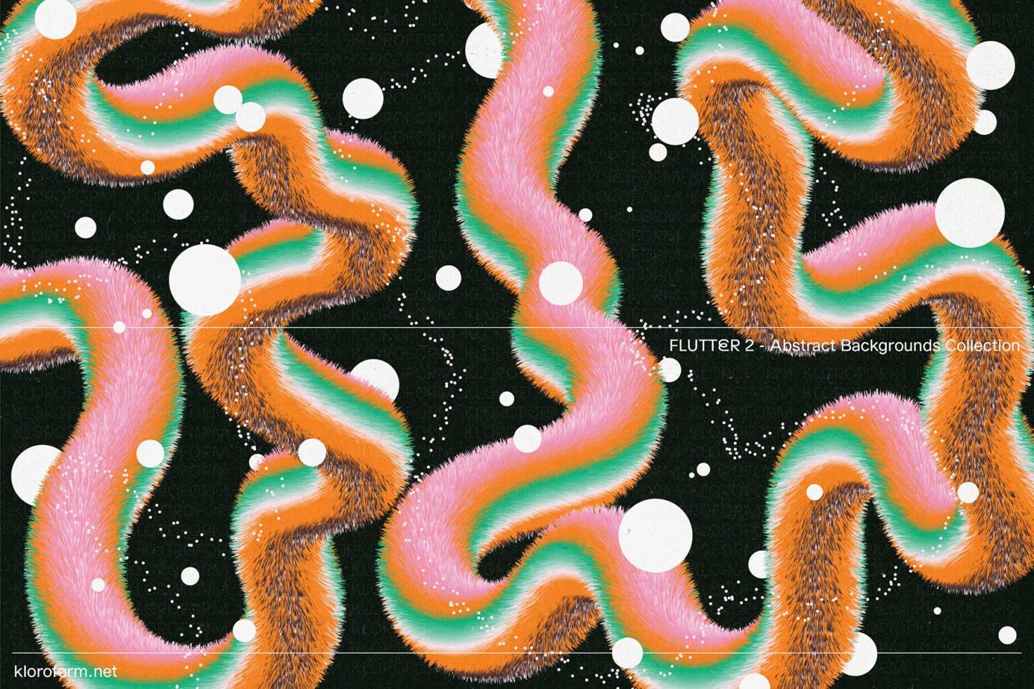 Abstract furry swirl patterns with vibrant pink, orange, and green accents on a speckled dark background from the FLUTTER 2 Graphics Collection.