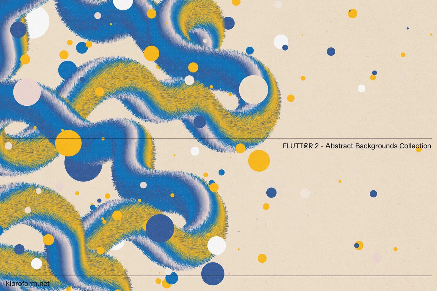 Abstract blue and yellow swirls with dotted accents on a cream background from the FLUTTER 2 collection, perfect for graphic design assets.