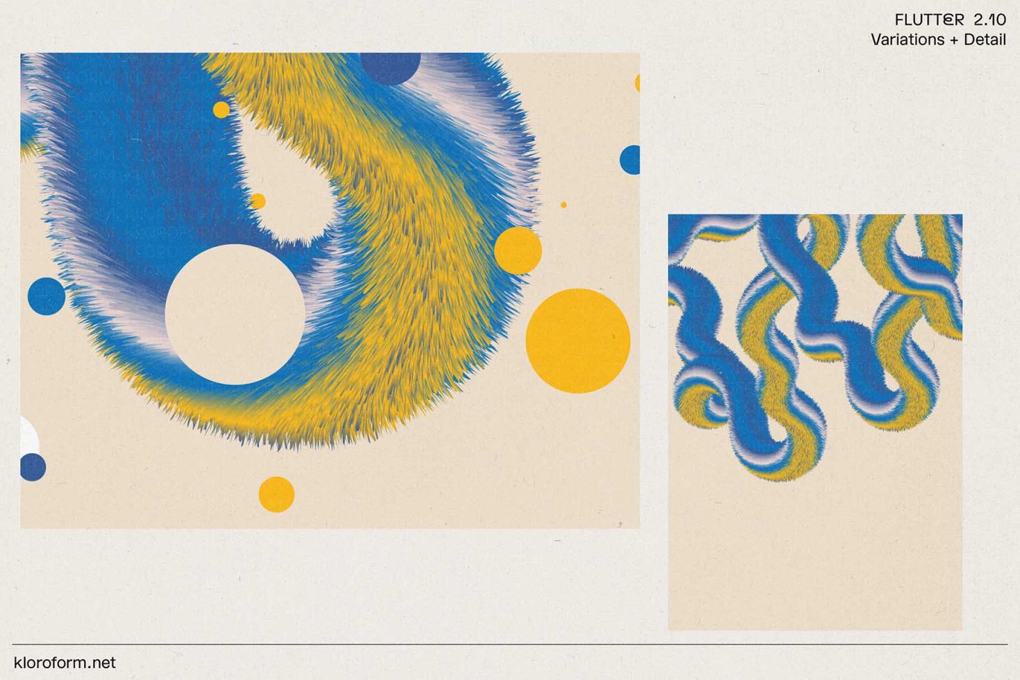 Abstract art graphic design with dynamic blue and yellow fur-texture swirls and circles, titled FLUTTER 2.10 Variations + Detail.