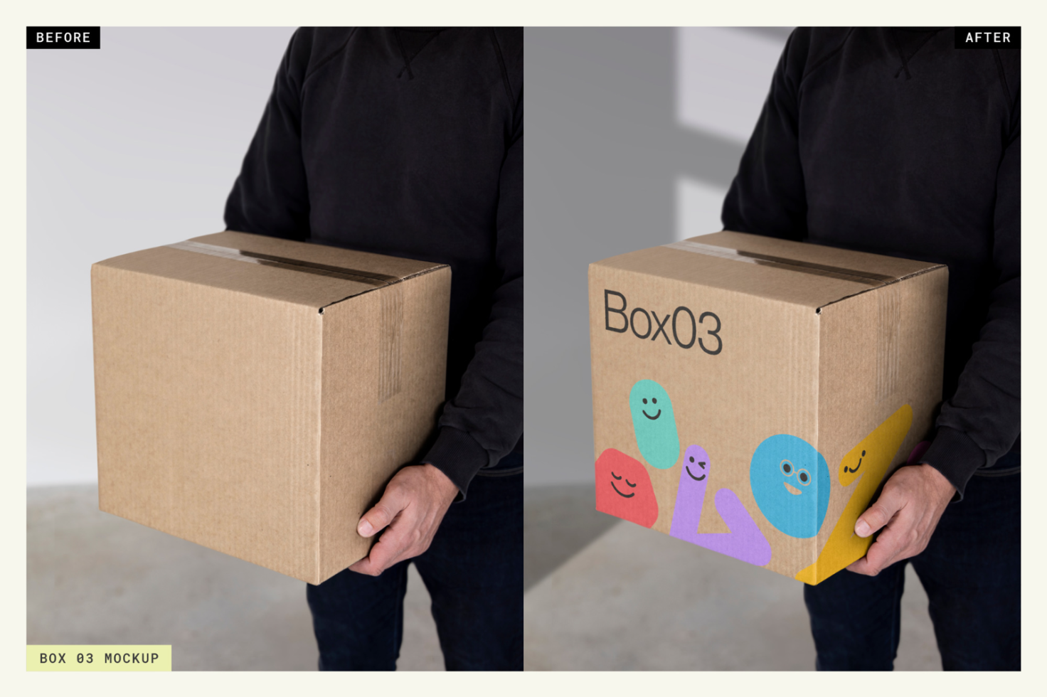 Side-by-side comparison of plain cardboard box mockup and creatively branded box with cheerful design held by person in black sweatshirt.