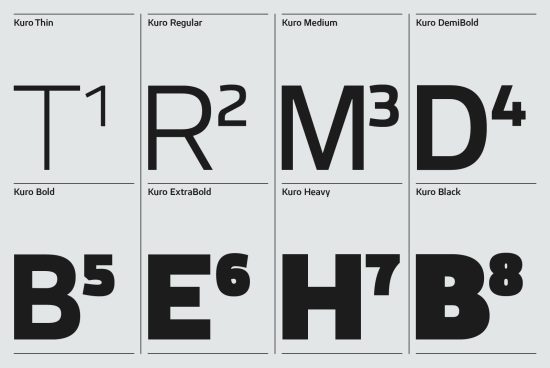 Font family Kuro showcasing weights Thin to Black, great for design mockups, typography graphics and template creation.