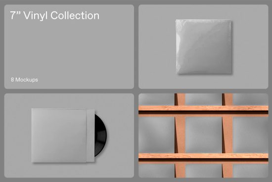 Vinyl record mockup collection for music album design presentations, showing sleeve, cover, and plastic wrap in various scenes.