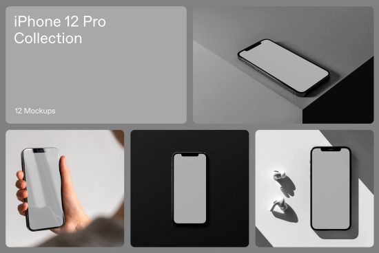 iPhone 12 Pro mockup collection for design showcasing, featuring device in various angles and lighting, ideal for presentations and portfolios.