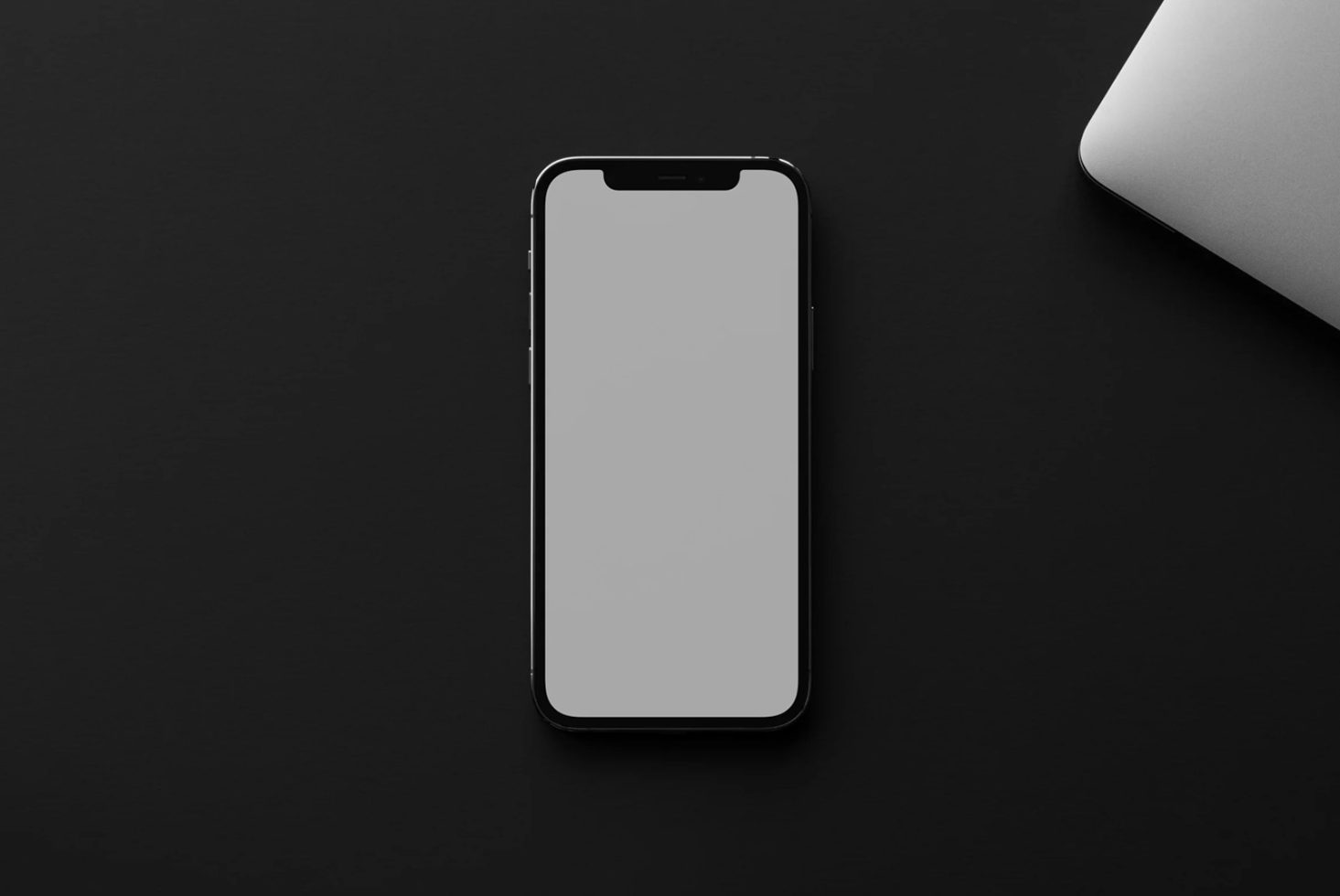 Black smartphone with a blank screen on a dark background, ideal for app design mockups, UI/UX presentations, and template showcases.