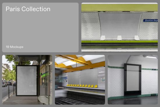 Paris-themed mockup collection featuring billboard advertisements in urban subway settings, ideal for presentations and graphic displays.