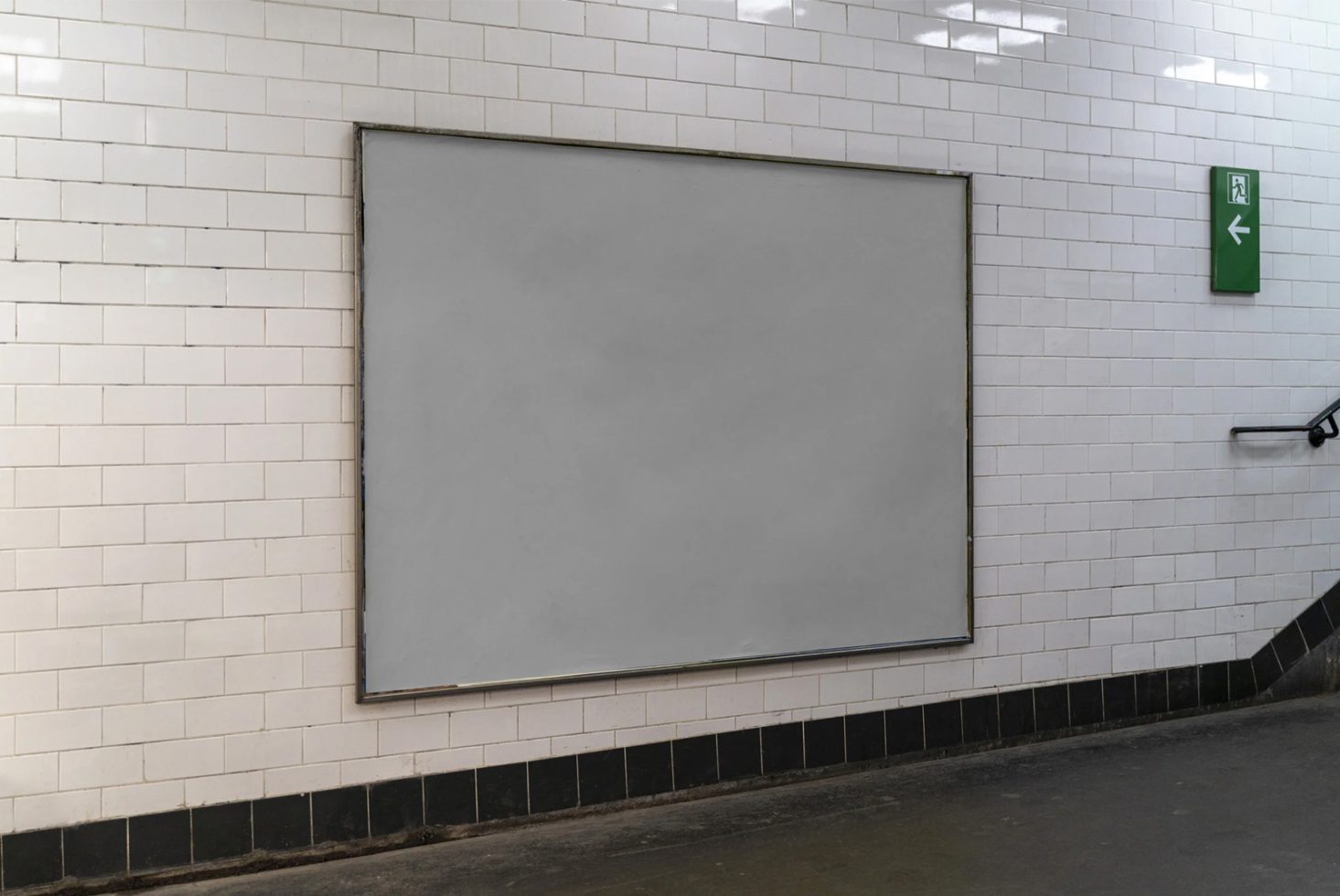 Blank billboard mockup on white tiled wall in subway station for advertising and poster design presentation.