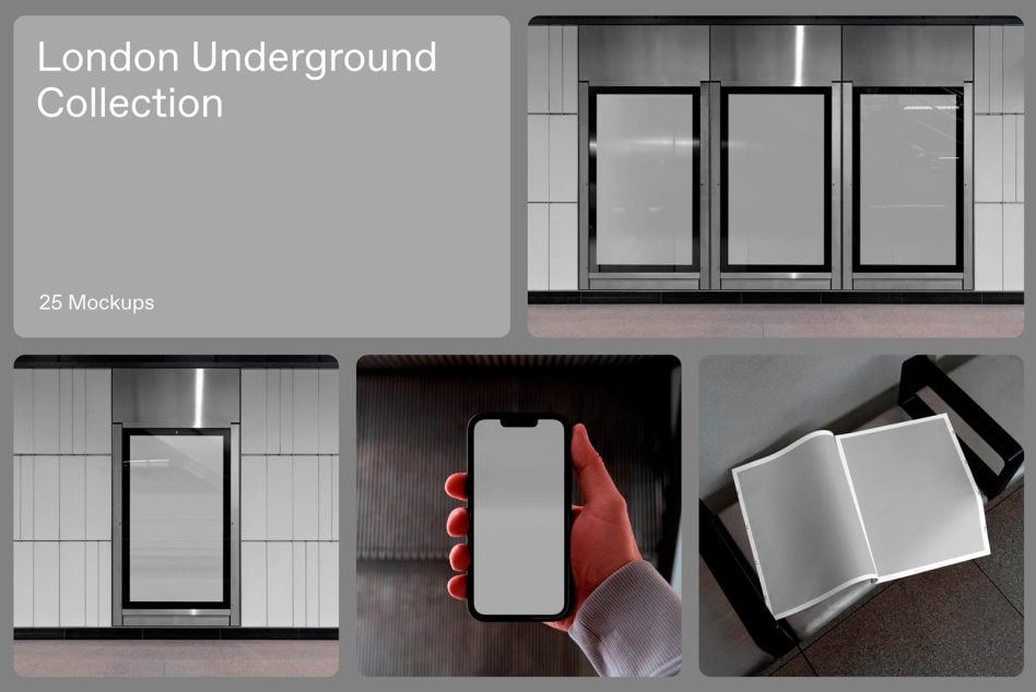 London Underground Collection with 25 mockups showing transit displays, phone, brochure