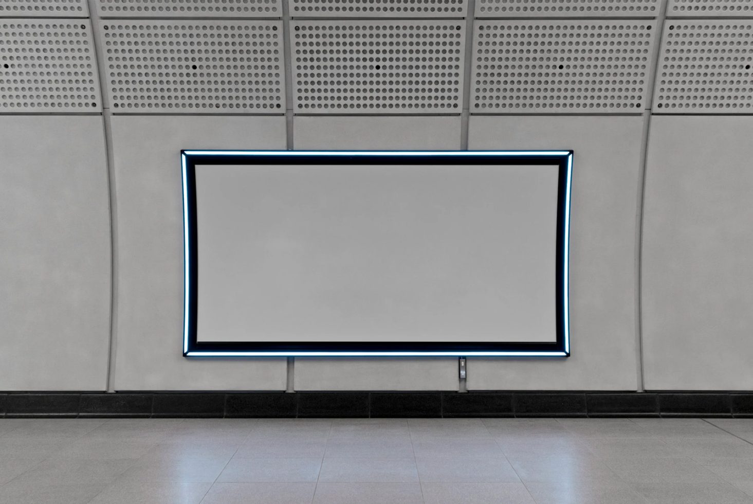 Empty billboard mockup on a modern wall with blue LED lighting, ideal for advertising display designs and urban mockup graphics.