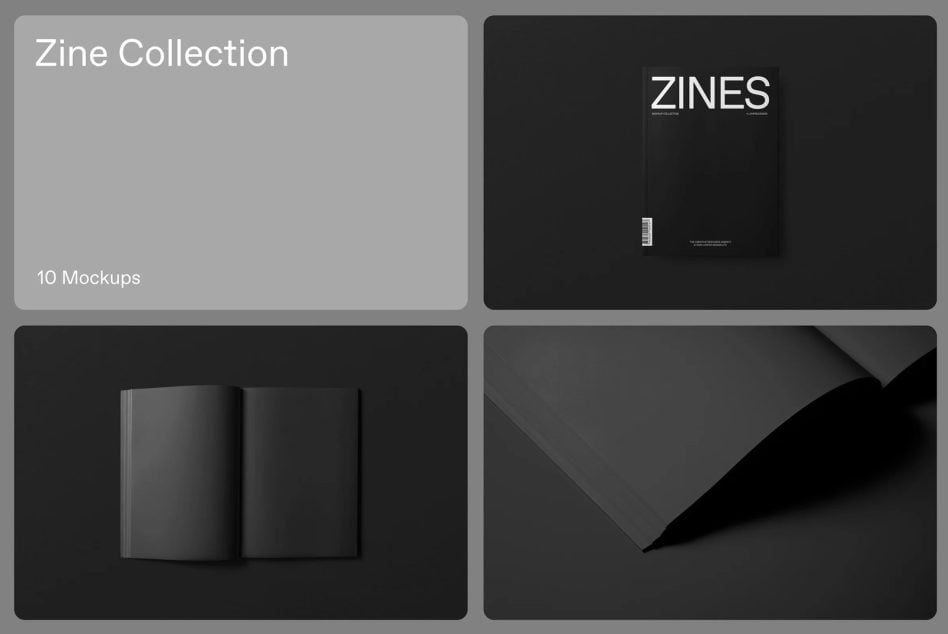 Zine Collection with 10 mockups showing magazine covers, spreads, folded pages