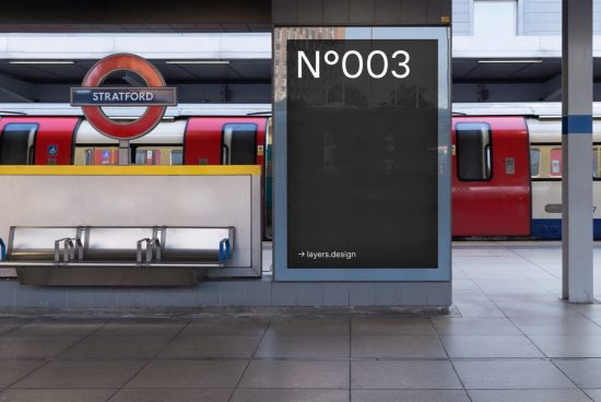 Subway station mockup with train and billboard for poster display, urban environment for advertising design, digital asset for graphic designers.