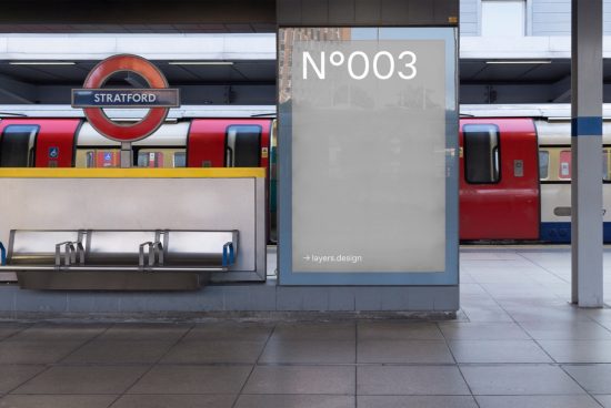 Public transport billboard mockup at Stratford station with a red train in the background, perfect for designers' advertising projects.